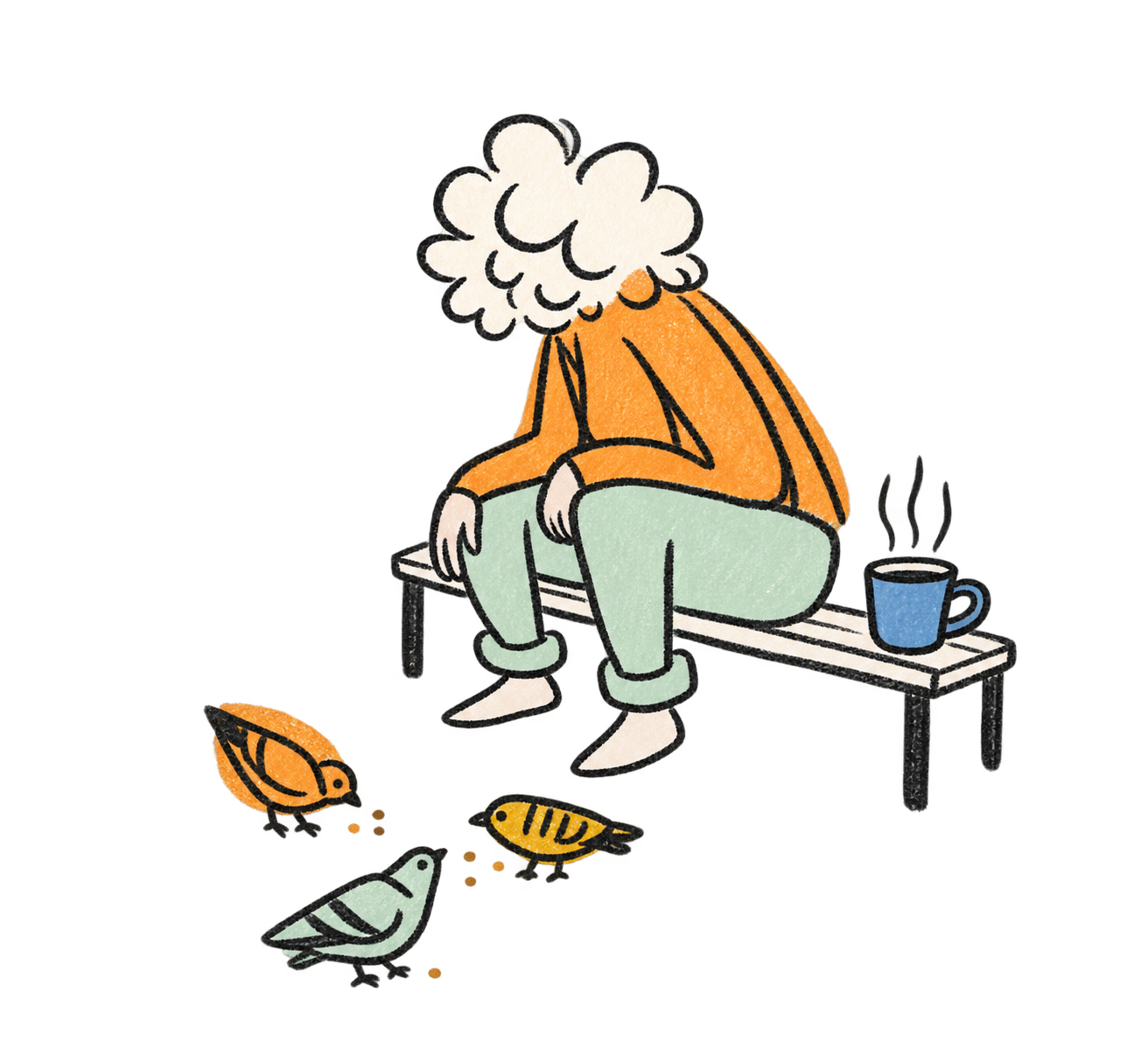 A person sitting on a bench feeding birds, with a cup of tea beside them