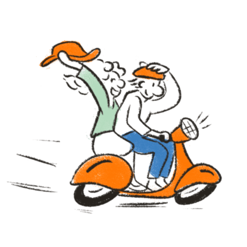 Two people travelling together on an orange scooter